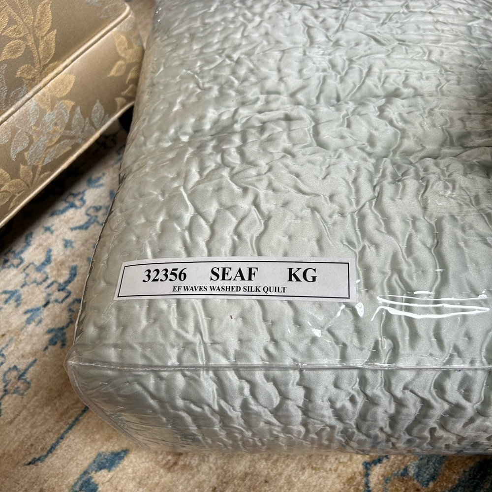 Washed Eileen Fisher Silk Quilt in Seafoam Green. King size.